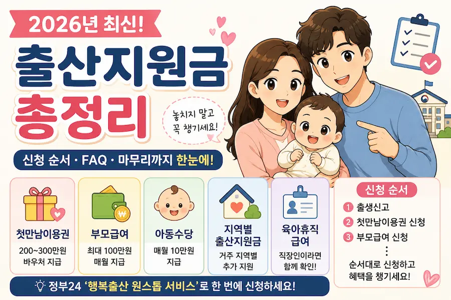 2026 출산지원금 총정리 썸네일 일러스트로 첫만남이용권, 부모급여, 아동수당, 지역별 출산지원금, 육아휴직 급여를 한눈에 정리한 이미지