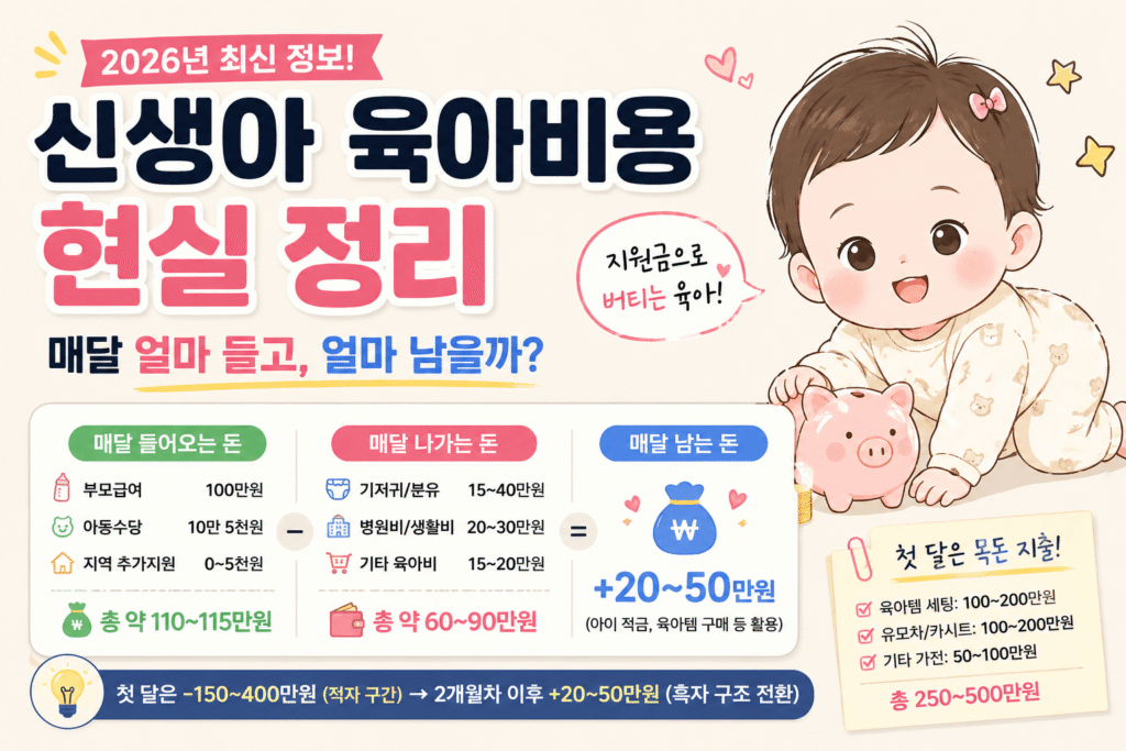 2026년 신생아 육아비용 현실 정리 썸네일, 부모급여와 아동수당으로 매달 들어오는 돈과 실제 지출 및 남는 금액 비교