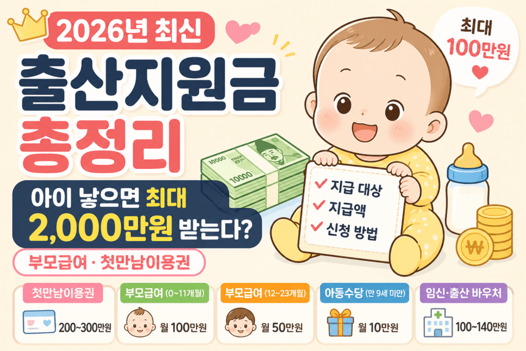 2026년 출산지원금 총정리 썸네일, 부모급여와 첫만남이용권으로 최대 2000만원 지원 안내