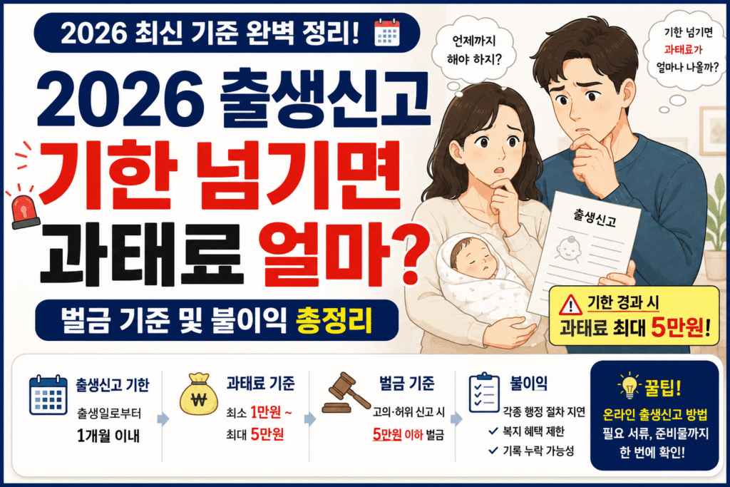 출생신고 기한을 넘겨 과태료를 걱정하는 부모와 신생아 그림체 썸네일