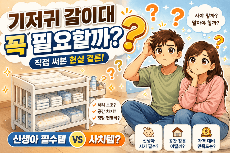 기저귀 갈이대 구매를 고민하는 초보 부모와 신생아 육아 그림체 썸네일