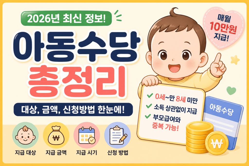 2026년 아동수당 총정리 썸네일, 지급 대상과 금액, 신청방법 및 매월 10만원 지급 조건 안내 이미지