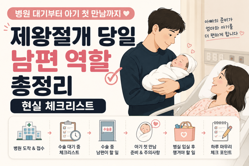 제왕절개 당일 병원에서 아기를 안고 있는 남편과 산모 그림체 육아 썸네일