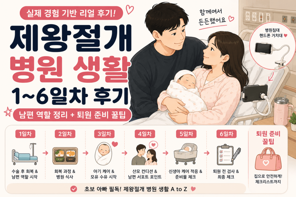 제왕절개 병원 생활 중 아기를 안고 있는 부부와 병원침대 핸드폰 거치대 그림체 썸네일