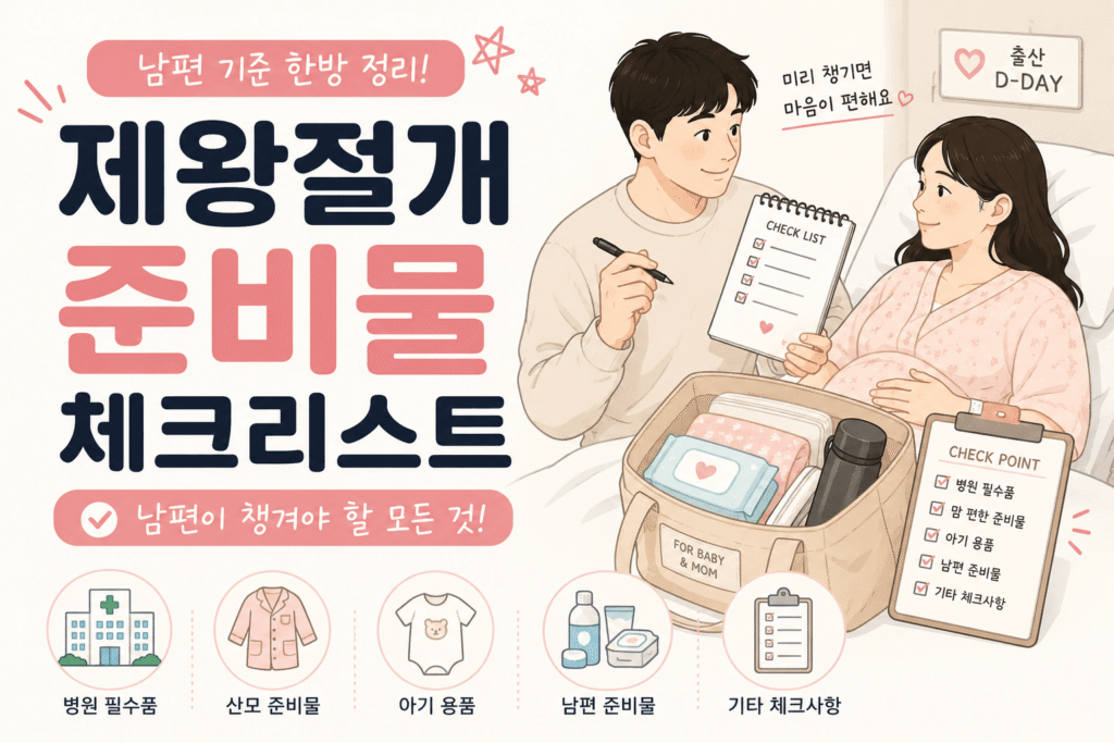제왕절개 출산 준비물을 체크하는 남편과 산모 그림체 육아 썸네일 Title(이미지 제목):
