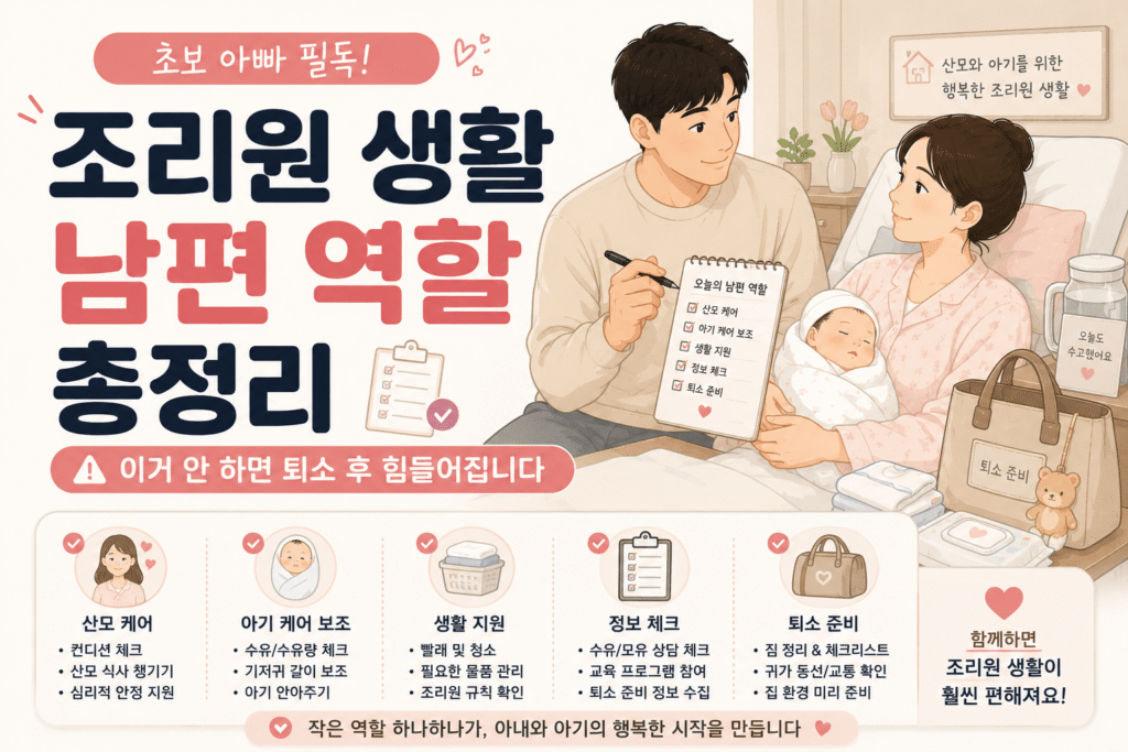 조리원 생활 중 남편 역할 체크리스트를 설명하는 부부와 신생아 그림체 썸네일