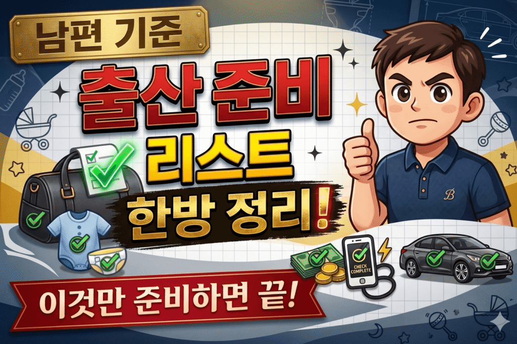 남편 기준 출산 준비 체크리스트 썸네일, 병원 가방 준비물과 육아 준비 항목을 한눈에 정리한 이미지