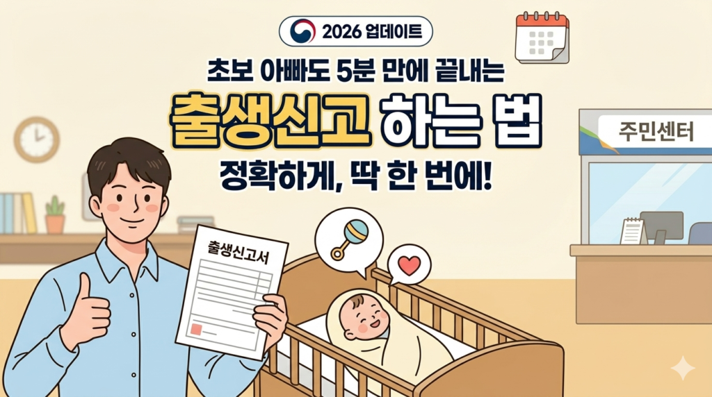 출생신고 2026 신청방법과 준비물, 기한을 설명하는 아기 일러스트 썸네일