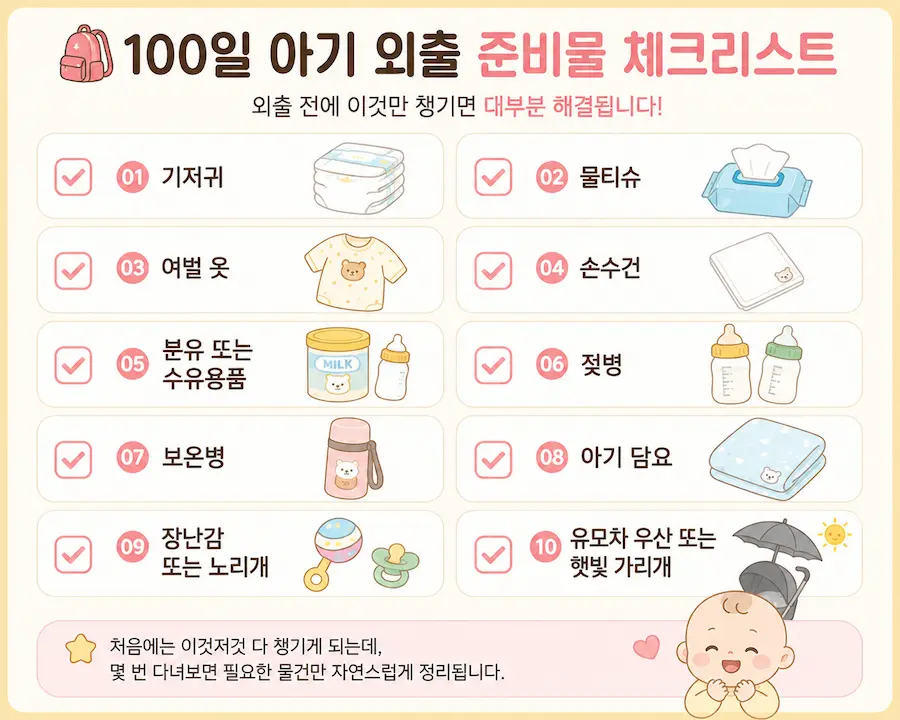 100일 아기 외출 준비물 체크리스트 기저귀 물티슈 분유 젖병 보온병 유모차 준비 가이드 이미지