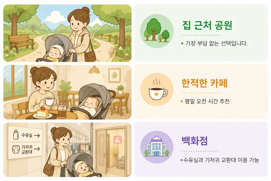 100일 아기 외출 추천 장소 집 근처 공원 한적한 카페 백화점 이용 가이드 이미지
