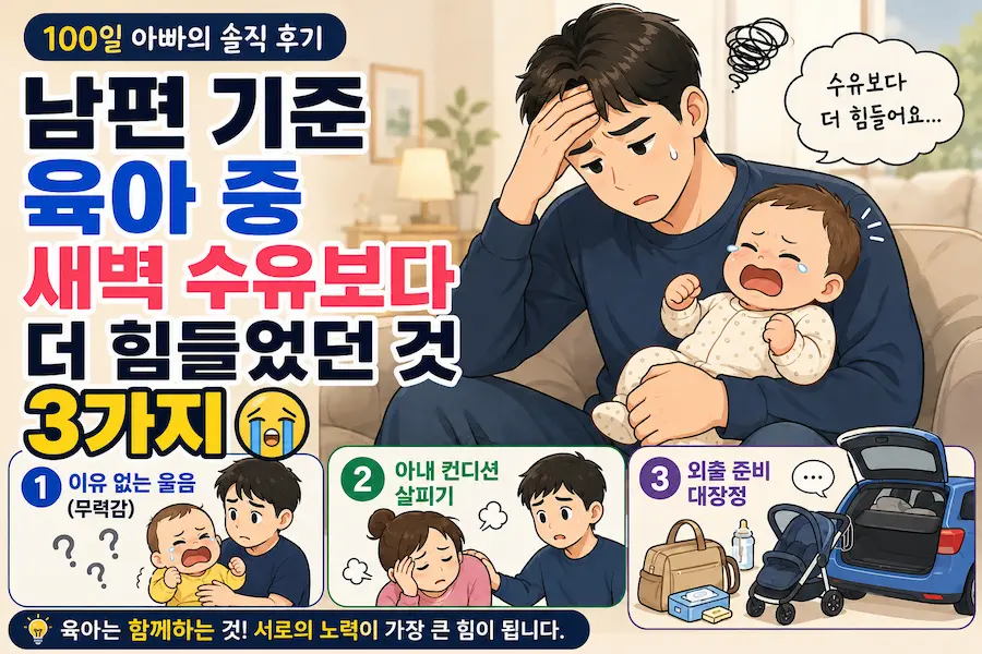 [초보아빠 현실육아] 울고 있는 100일 아기를 안고 힘들어하는 남편 일러스트 그림, 새벽 수유보다 힘든 아기 울음 무력감, 아내 컨디션 살피기, 유모차 카시트 외출 준비 고충 안내 블로그 썸네일 이미지