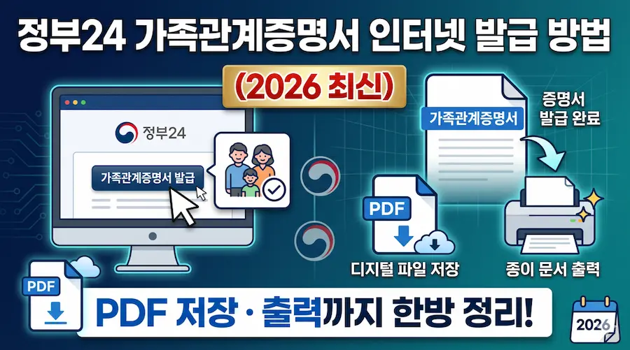 [초보아빠 육아 행정] 정부24 홈페이지 모니터 화면에서 가족관계증명서 인터넷 발급 버튼을 클릭하는 일러스트, PDF 디지털 파일 저장 및 종이 문서 프린터 출력 방법 안내 블로그 썸네일 이미지