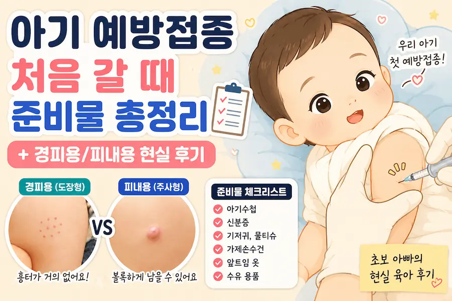 [초보아빠 현실육아] 소아과에서 주사를 맞는 신생아 일러스트 그림, BCG 예방접종 경피용 도장형과 피내용 주사형 흉터 비교 및 아기수첩 가제손수건 등 병원 준비물 체크리스트 블로그 썸네일 이미지