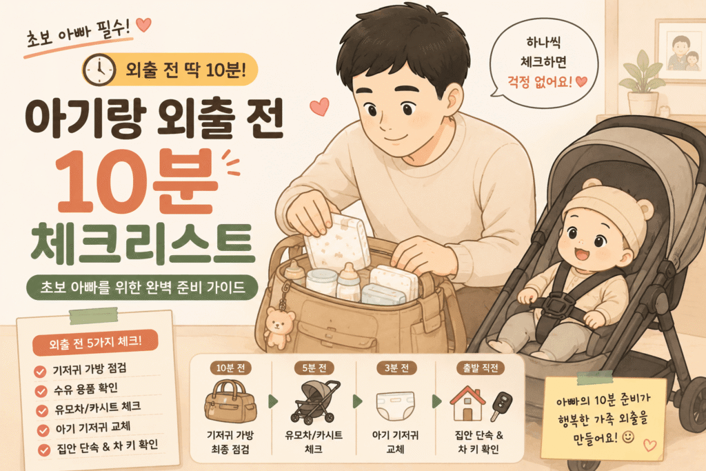 아기와 외출 전 기저귀 가방을 챙기는 초보 아빠와 유모차에 앉아있는 아기 일러스트