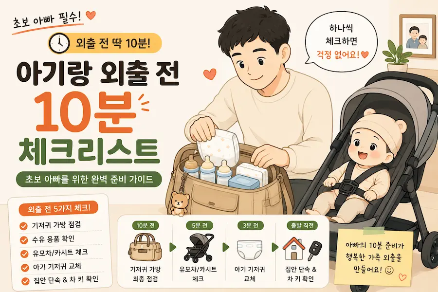 [초보아빠 현실육아] 유모차 옆에서 기저귀 가방 속 분유 젖병과 물티슈를 최종 점검하는 남편 일러스트 그림, 아기랑 외출 전 10분 동안 챙겨야 할 5가지 준비물 체크리스트 안내 블로그 썸네일 이미지