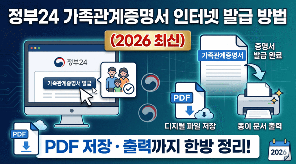 정부24에서 가족관계증명서를 인터넷으로 발급하고 PDF 파일로 저장 및 출력하는 방법을 설명하는 2026년 최신 가이드 썸네일 이미지