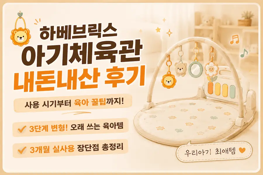 [초보아빠 육아용품] 거실에 세팅된 하베브릭스 아기체육관 피아노 매트 장난감 사진, 신생아 영유아 사용 시기 및 3개월 실사용 장단점 비교 내돈내산 블로그 썸네일 이미지