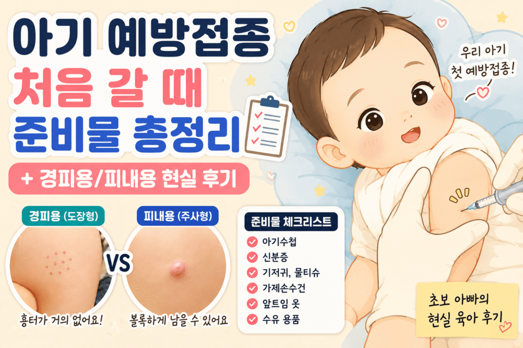 아기 예방접종 준비물과 BCG 경피용 피내용 차이를 설명하는 그림체 육아 썸네일