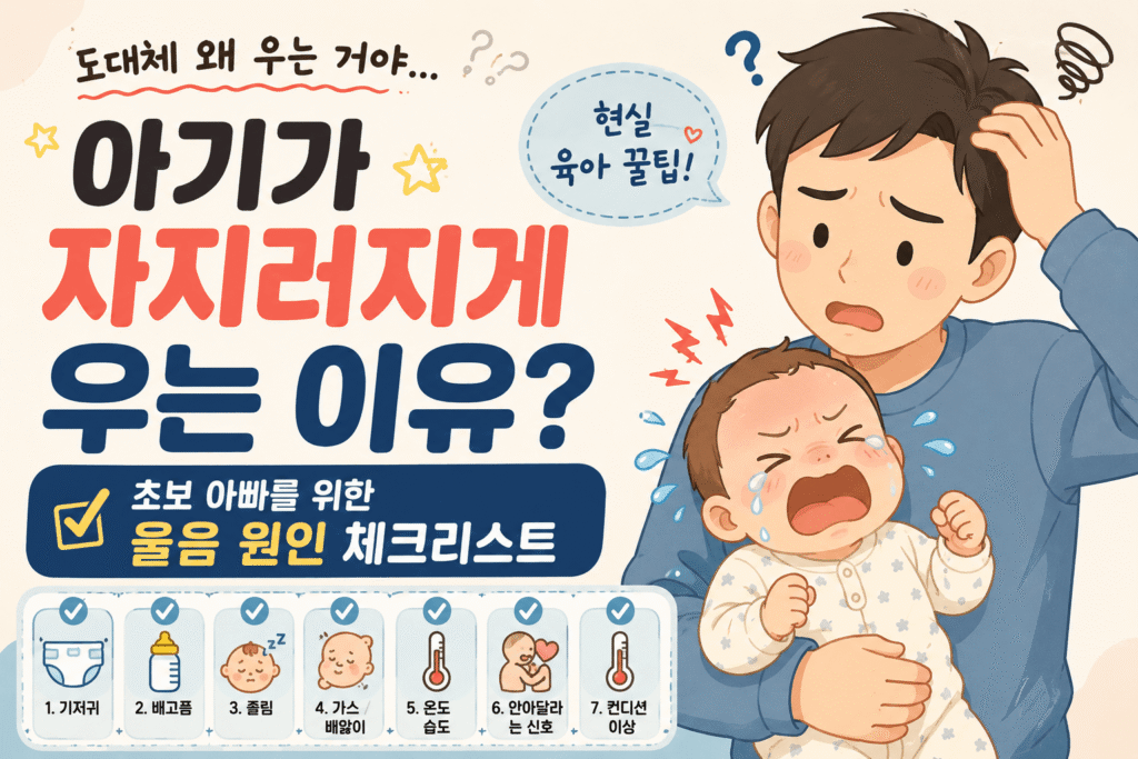 아기가 자지러지게 울 때 원인을 체크하는 초보 아빠와 우는 신생아 그림체 썸네일