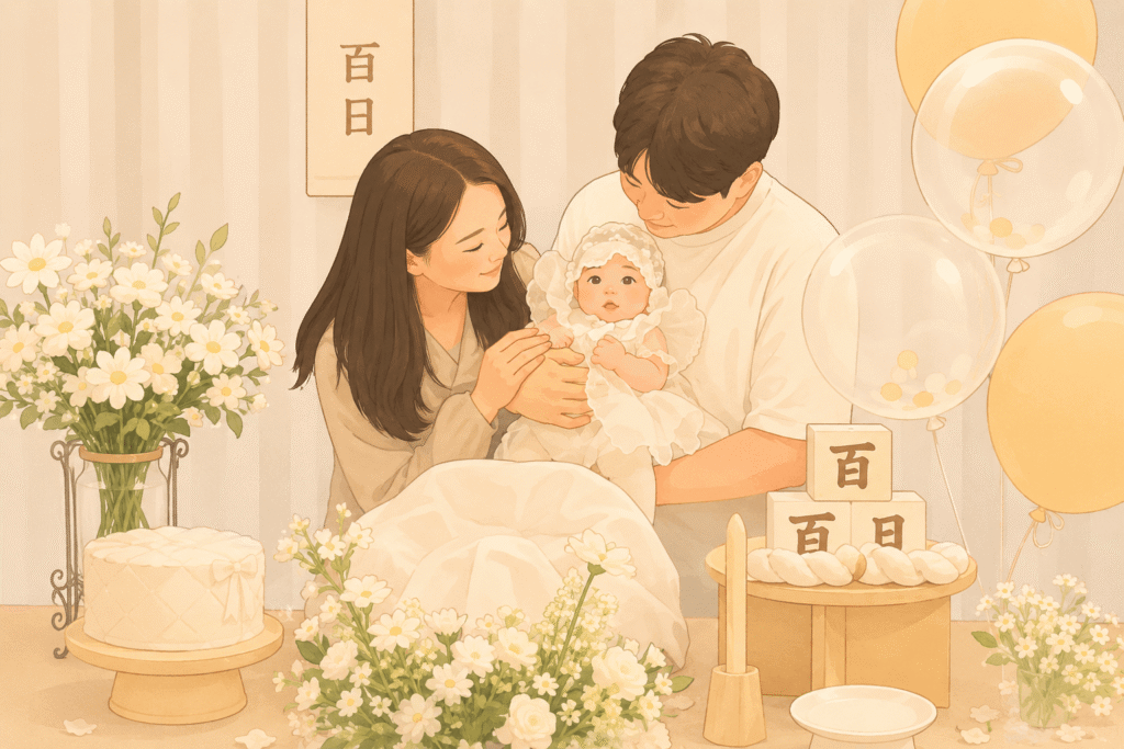 초보 아빠 엄마와 갓 태어난 아기의 따뜻한 가족 일러스트