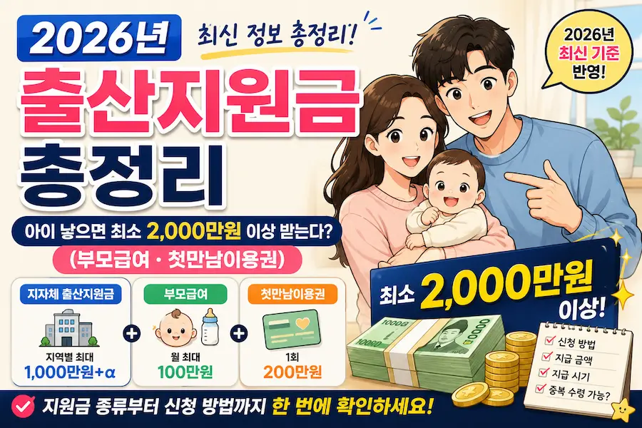 [초보아빠 육아 혜택] 2026년 최신 기준 지자체 출산지원금, 부모급여, 첫만남이용권 중복 수령으로 최소 2000만원 이상 받는 신청 방법을 확인하는 가족 일러스트 그림 블로그 썸네일 이미지
