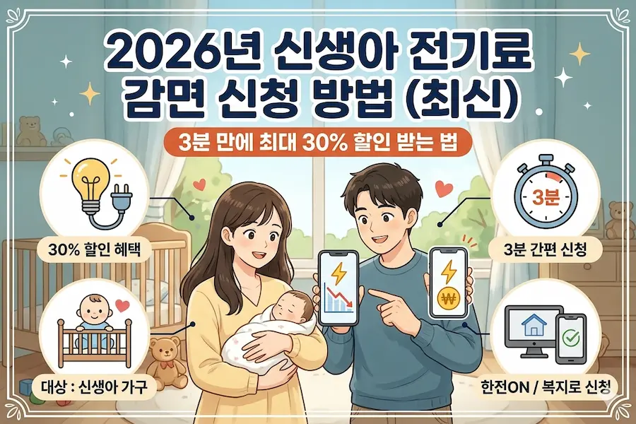 [초보아빠 육아 행정] 2026년 최신 기준 신생아 영유아 가구 전기요금 30% 감면 혜택 대상과 한전 복지로 온라인 3분 신청 방법을 안내하는 일러스트 그림 블로그 썸네일 이미지