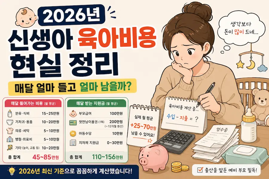 [초보부모 육아 예산] 2026년 최신 기준 분유 기저귀 등 신생아 육아 비용 지출과 부모급여 아동수당 등 정부 지원금 수입을 비교 계산하는 엄마 일러스트 그림 블로그 썸네일 이미지