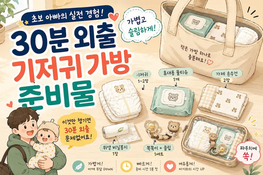 [초보아빠 현실육아] 가벼운 가방을 메고 아기를 안은 남편 일러스트 그림, 30분 단거리 외출용 기저귀 가방 속 기저귀 물티슈 손수건 쪽쪽이 위생봉지 슬림 파우치 준비물 안내 블로그 썸네일 이미지