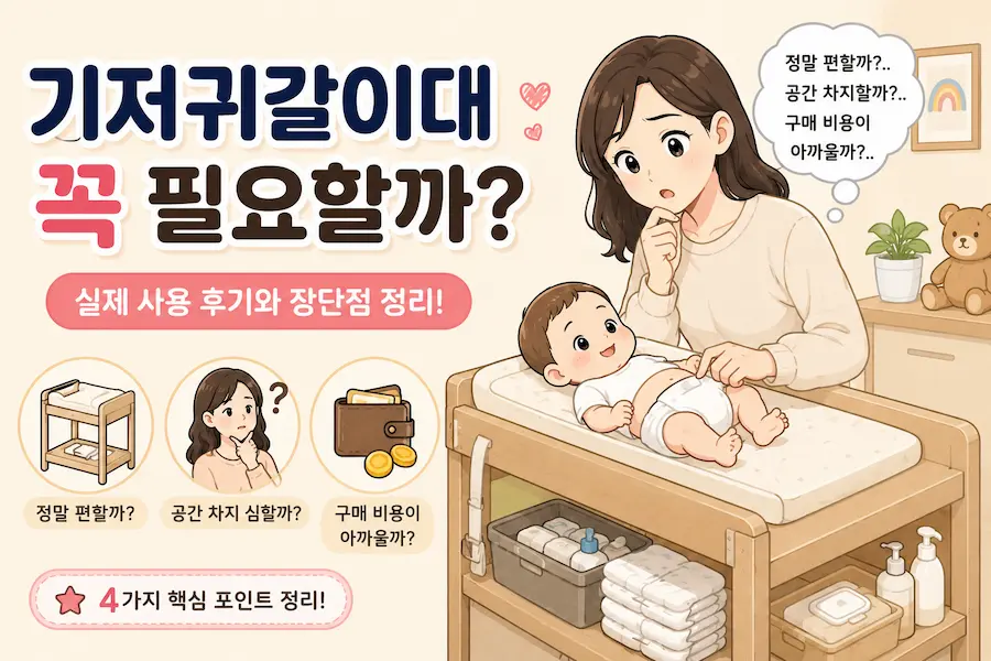 [육아템 고민] 아기 기저귀 갈이대 필요성과 구매 여부를 고민하는 엄마와 기저귀교환대 위 아기 일러스트 그림, 실제 사용 후기와 장단점 비교 블로그 썸네일 이미지