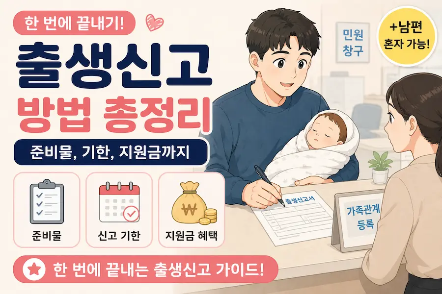 [초보아빠 육아 행정] 아기를 안고 주민센터 민원창구에서 출생신고서 서류를 작성하는 남편 일러스트 그림, 출생신고 준비물 및 기한과 지원금 혜택 안내 블로그 썸네일 이미지