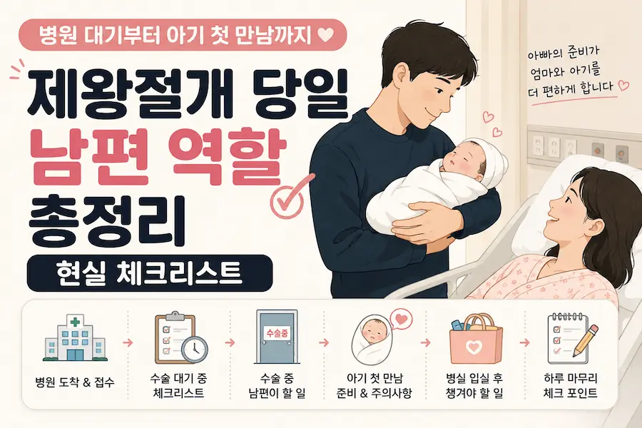 [초보아빠 육아] 제왕절개 수술 당일 병원 대기부터 아기와의 첫 만남, 병실 입실 후 남편이 해야 할 일과 현실 체크리스트를 담은 일러스트 그림 블로그 썸네일 이미지