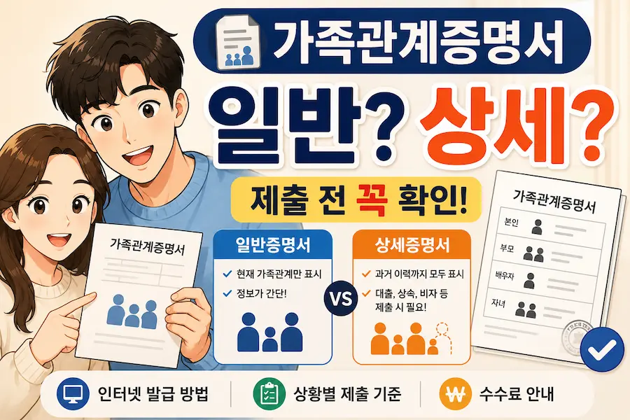 가족관계증명서 일반 상세 차이점을 비교하는 안내 썸네일 이미지. 일반증명서(현재 가족관계 표시)와 상세증명서(과거 이력 표시, 대출 및 상속용)의 차이, 인터넷 발급 방법 및 상황별 제출 기준 내용을 담고 있습니다.