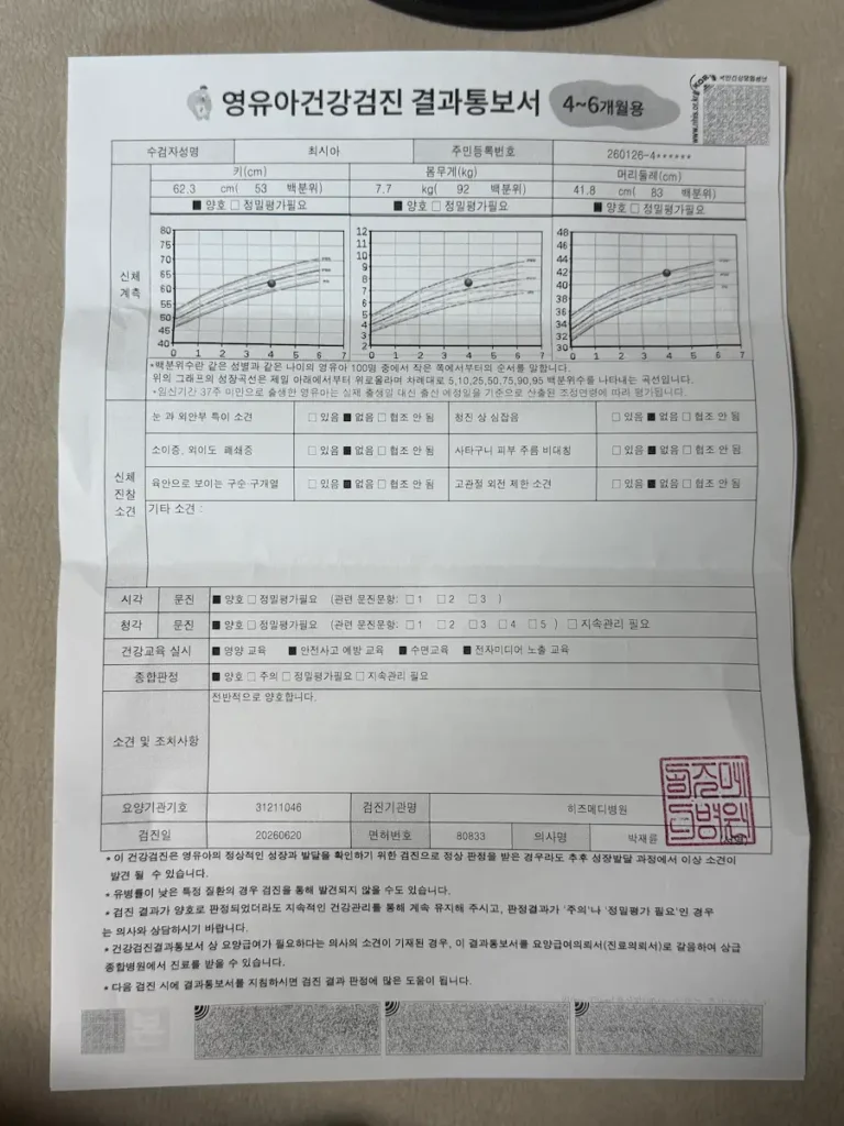 영유아 2차 건강검진 결과통보서 백분위 측정 결과