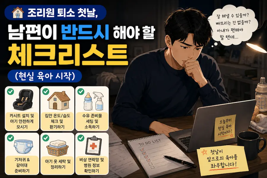 [초보아빠 현실육아] 산후조리원 퇴소 첫날 남편이 해야 할 카시트 설치, 집안 온습도 조절, 수유 및 기저귀 준비물 체크리스트를 확인하는 아빠 일러스트 그림 블로그 썸네일 이미지